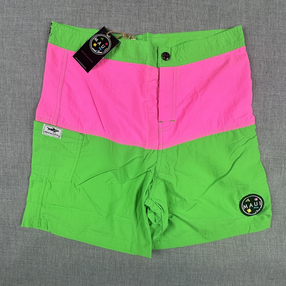 Maui And Sons Board Shorts Mens Small Pink Green Neon Swim Trunks Shark Graphic